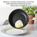 Martha Stewart Lockton set of two aluminum frying pans, one 10-inch with a dark non-stick interior and a stainless steel handle, and one 12-inch with a light-colored cooking surface and a stainless steel handle.