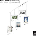 A modern silver photo display featuring five square frames hanging from a horizontal bar by thin rods.
