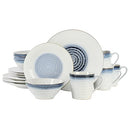 Full Set: Complete 16-piece blue stoneware dinnerware set including four dinner plates, four dessert plates, four bowls, and four mugs, arranged neatly on a white background.