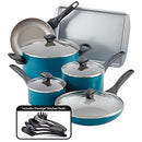 Farberware 15-Piece Aluminum Nonstick Cookware Set in a teal exterior with a light gray nonstick interior. The set includes various pots and pans with glass lids and black handles, along with a baking sheet and a set of black Prestige kitchen tools shown in an inset image.