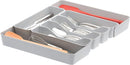 Silver-colored utensil tray for drawers, by Spectrum Diversified, designed to keep silverware and kitchen tools neatly organized.