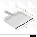 White clip-on dustpan with rubber lip and comfort grip handle, made of plastic, shown on a white background with dimensions