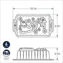 Dimensions for Grey Nordic Ware aluminum loaf pan shaped like Santa's sleigh with reindeer, shown on a white background.