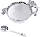 Silver pomegranate-themed bowl and spoon set with titanium finish, elegantly displayed on a white background.