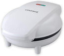 White compact waffle maker with non-stick cooking plates.
