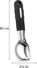 Soltam heavy-duty ice cream scooper with a sleek, solid metal head and ergonomic black handle on a white background.