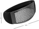 Black-handled stainless steel garlic rocker press with perforated base on a white background.