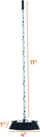 Black and white splash-patterned angle broom with a wooden handle and angled bristles, shown with dimensions against a white background.