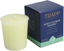 Trapp No. 13 Bob’s Flower Shoppe 2 oz votive candle in a small glass container with a white wax blend, shown on a white background.