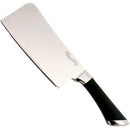 Heavy duty meat cleaver, large stainless steel blade, black ergonomic handle, professional kitchen chopping knife.