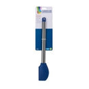 A vertical shot of a blue silicone spatula with a stainless steel handle, still in its white and blue retail packaging. The packaging has a colorful graphic at the top and the "FARBERWARE COLOURWORKS" brand name. The spatula features a hanging hole at the end of its handle.