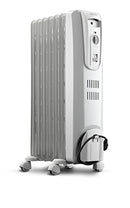 Light gray DeLonghi oil-filled radiator space heater with wheels and integrated handle on a white background.