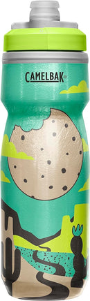 CamelBak Podium Chill 21oz Insulated Bike Water Bottle in Cookie Crossroad design, featuring a sleek white body with colorful cookie-themed graphics and a black cap.