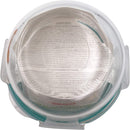 Packaged Snapware Total Solution glass food storage container, showing the brand, Pyrex compatibility, and key features like the USA origin and write & erase lid.