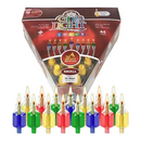 Box of 44 Ner Mitzvah pre-filled colored glass oil candles with cotton wicks for Hanukkah menorahs, displayed in assorted colors on a white background.