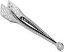 Polished stainless steel serving tongs with flat, perforated ends and a hanging keyhole, displayed on a white background.