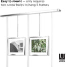 A modern silver photo display featuring five square frames hanging from a horizontal bar by thin rods.