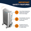 Light gray DeLonghi oil-filled radiator space heater with wheels and integrated handle