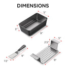 Elbee Home stainless steel meatloaf pan featuring a removable, perforated inner tray for easy grease drainage and lifting, shown with a matching serving spatula.