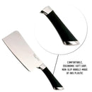 Heavy duty meat cleaver, large stainless steel blade, black ergonomic handle, professional kitchen chopping knife.