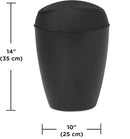 Umbra Twirla black 2.4-gallon trash can with swing-top lid, shown with dimensions on a white background.