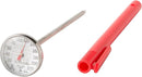 Taylor 1-inch dial analog meat thermometer with red pocket sleeve clip for grilling and cooking, displayed on a white background.