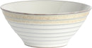 Cereal Bowl: Taupe stoneware cereal bowl with rounded sides and embossed spiral texture, shown on a white background.