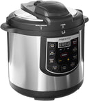 Presto 6-quart electric pressure cooker in black and silver with digital display, on a white background.