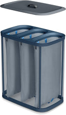 90-liter laundry hamper in black and dark blue with three removable bags and a lid, shown on a white background.