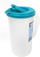 White plastic pitcher with a teal lid, featuring a convenient handle and a 9⅝" (24.4 cm) height, ideal for serving beverages.