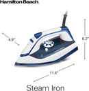 White Hamilton Beach steam iron with stainless steel soleplate and 10-foot cord, shown on a white background.