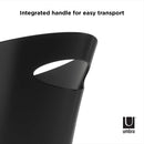 A pair of slim, black, oval-shaped trash cans with a slightly tapered design. Each can has a handle integrated into its top rim, which is cut at an angle.