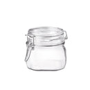 Clear glass Bormioli Rocco Fido jar featuring a hermetic seal created by a rubber ring and metal bail closure.