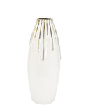 Elegant ceramic vase with a glossy white finish and gold drip accents near the top. Features a modern, elongated design, perfect for displaying flowers or as a decorative statement piece.