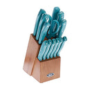 Oster 14-piece stainless steel knife set with turquoise handles and wooden block, displayed on a white background.