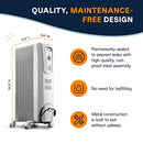 Light gray DeLonghi oil-filled radiator space heater with wheels and integrated handle