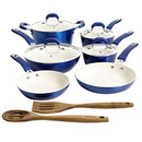 Kenmore Arlington 12-piece metallic blue nonstick ceramic cookware set with pots, pans, and utensils on a white background.