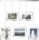 A modern silver photo display featuring five square frames hanging from a horizontal bar by thin rods.