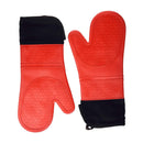 Elbee Home heat-resistant oven mitts in red silicone with extended black fabric cuffs for forearm protection and an easy-clean, non-slip grip.