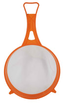 8-inch orange plastic fine mesh kitchen strainer with handle, for draining or sifting.