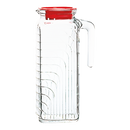 A clear glass pitcher with a vertical ribbed design, featuring a sturdy glass handle and a bright red plastic lid.
