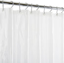A frosted semi-sheer PVC shower curtain liner with rust-resistant copper grommets and magnetic hem, displayed on a white background.