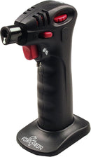 Black Fox Run butane kitchen torch with ergonomic design and detachable stand on a white background.