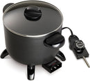 Presto black multi-cooker/steamer with glass lid and basket on a white background.