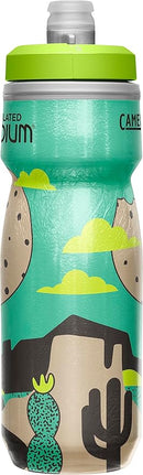 CamelBak Podium Chill 21oz Insulated Bike Water Bottle in Cookie Crossroad design, featuring a sleek white body with colorful cookie-themed graphics and a black cap.