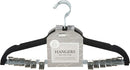 Set of six black velvet hangers with clips displayed on a white background.