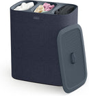 90-liter laundry hamper in black and dark blue with three removable bags and a lid, shown on a white background.