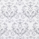 A partially unrolled roll of shelf liner featuring a light gray and white damask pattern.