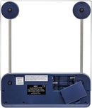 Blue digital kitchen scale with touchless sensor on a white background.