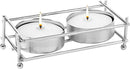 Pair of nickel-plated Ner Mitzvah tealight holders with tealight candles on a white background.